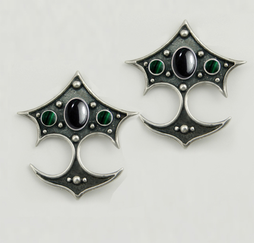 Sterling Silver Gothic Drop Dangle Earrings With Hematite And Malachite